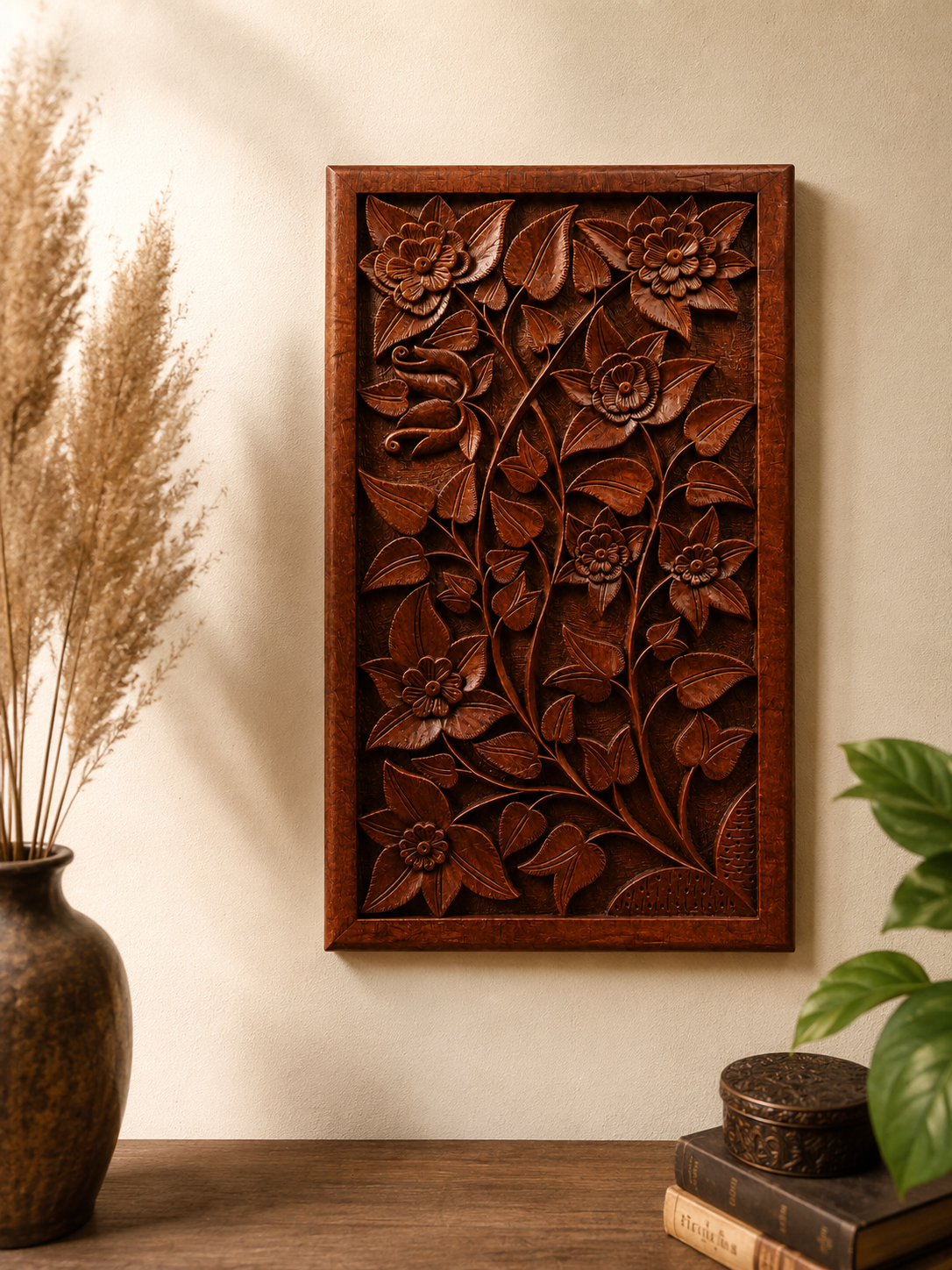 Hand-Carved Walnut Wood Wall Hanging Panel